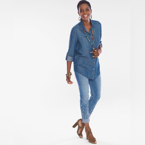 Chico’s Denim Button Down Long Sleeve Shirt (Size 1) - Picture 2 of 10